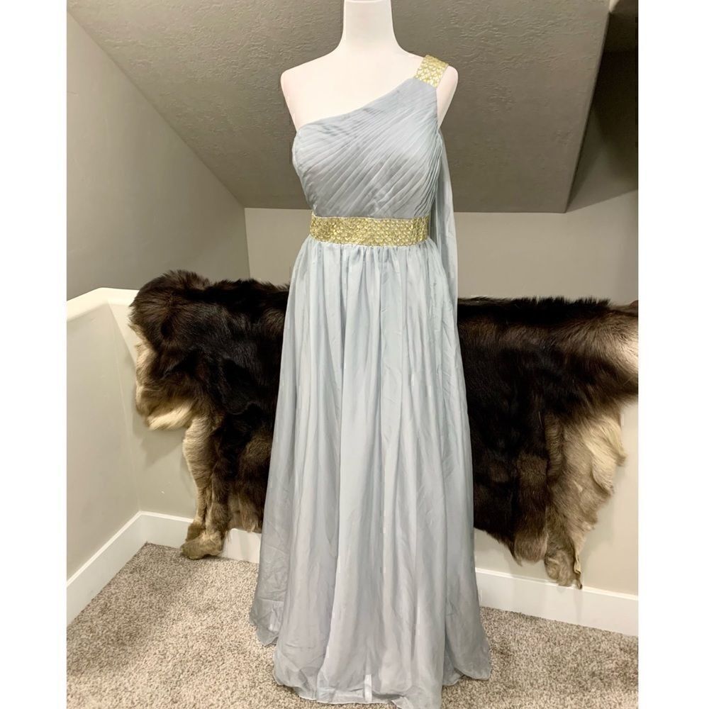 One Shoulder Beaded Pleated Chiffon Gown with Streamer